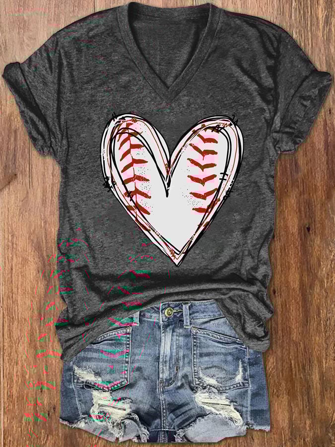 Women's Baseball Heart V-Neck T-Shirt