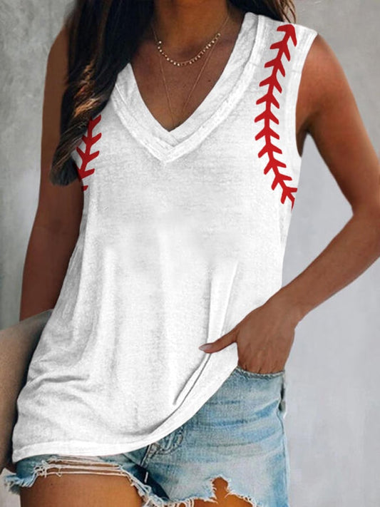 Women's Baseball Lover Casual Double-Layer V-Neck Sleeveless Tee