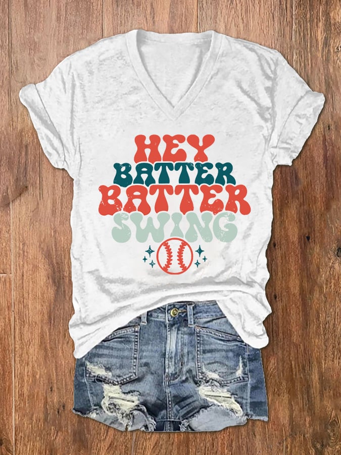 Women's Hey Batter Batter! Baseball Print V-Neck T-Shirt