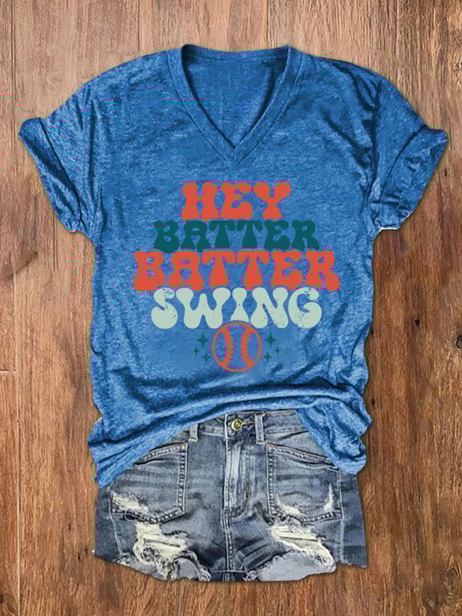 Women's Hey Batter Batter! Baseball Print V-Neck T-Shirt