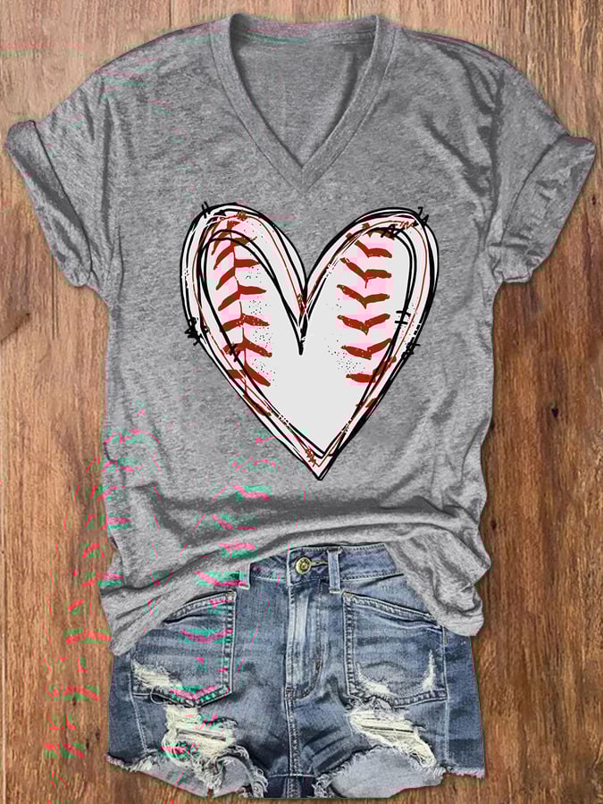 Women's Baseball Heart V-Neck T-Shirt