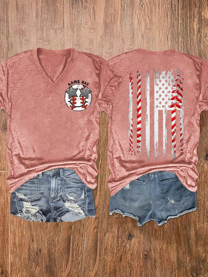 Women's Baseball Gameday America Flag Casual V-Neck Tee