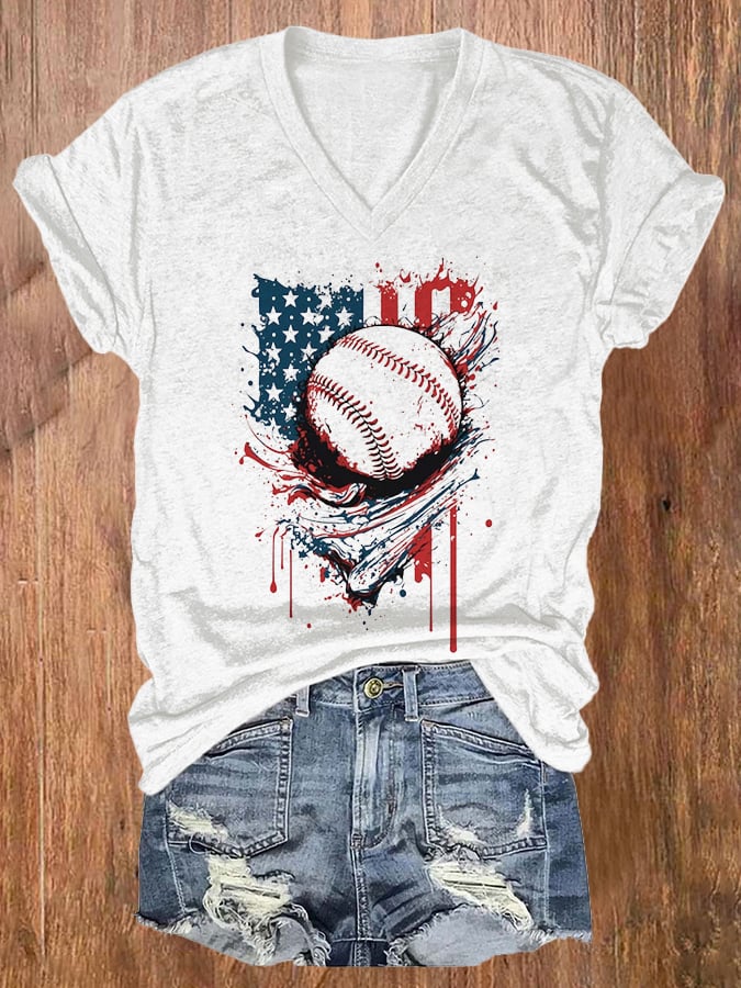 Women's Baseball And American Flag Print Casual T-Shirt