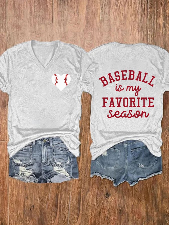 Women's Baseball Is My Favorite Season Print V-Neck Casual T-Shirt