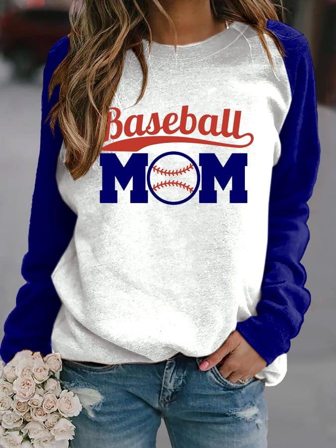 Women's Baseball Mom Print Crew Neck Sweatshirt