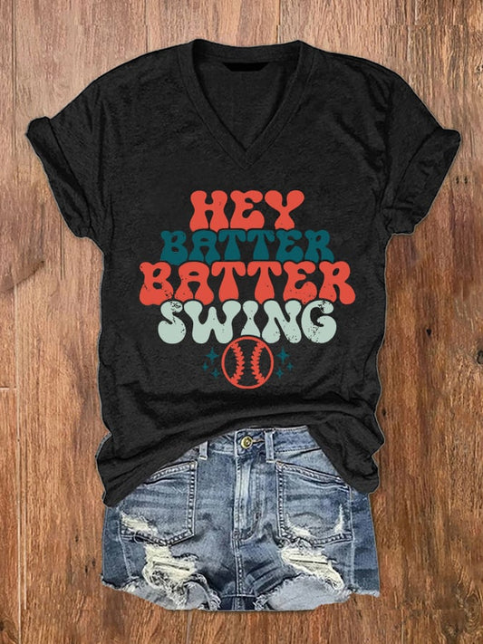 Women's Hey Batter Batter! Baseball Print V-Neck T-Shirt