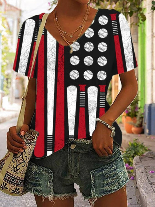 Women's Baseball Flag Print V-Neck T-Shirt