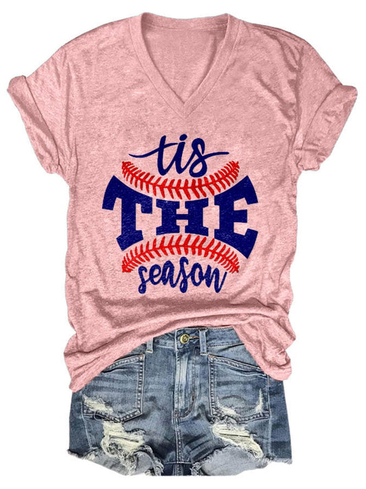 Tis The Season Baseball Print V-neck T-Shirt