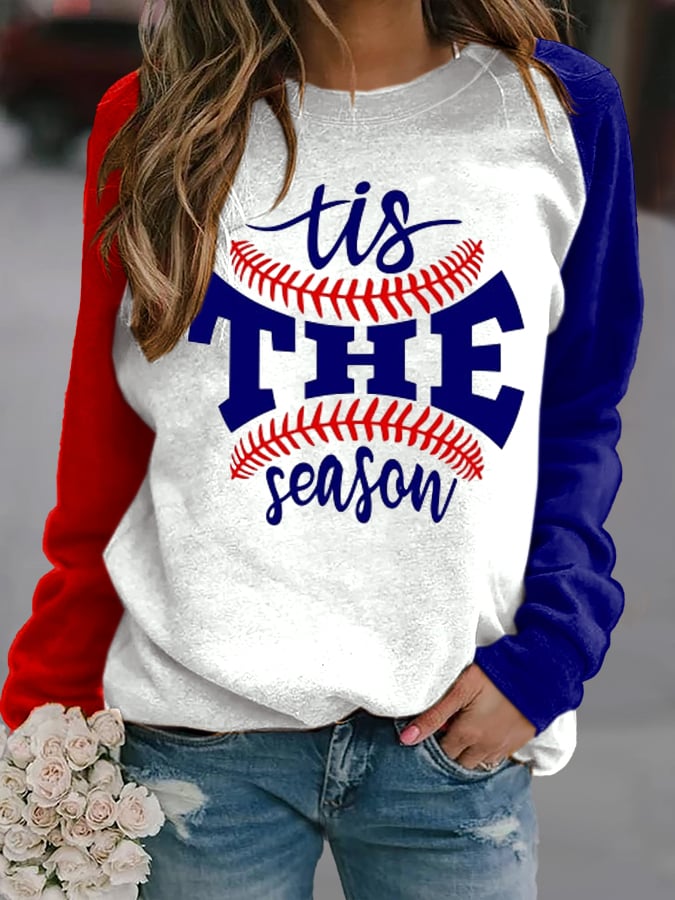 Women's Baseball Print Color Block Crew Neck Sweatshirt