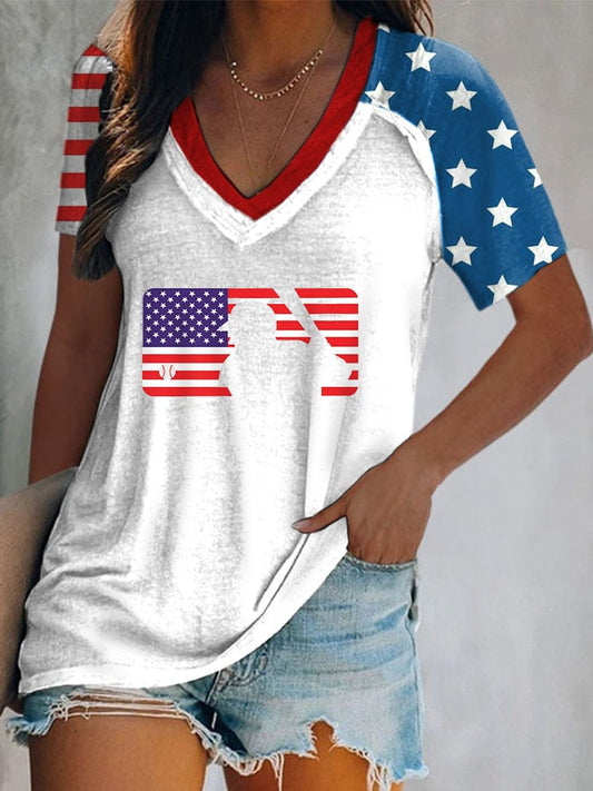 Women's Baseball Casual Print V-Neck T-Shirt