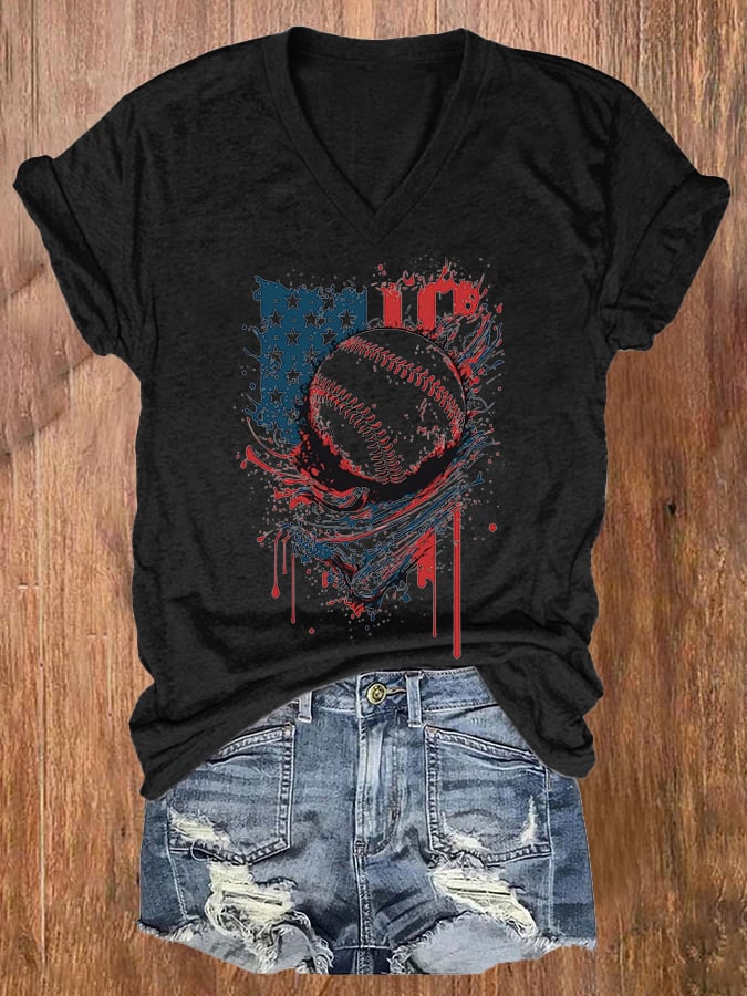Women's Baseball And American Flag Print Casual T-Shirt