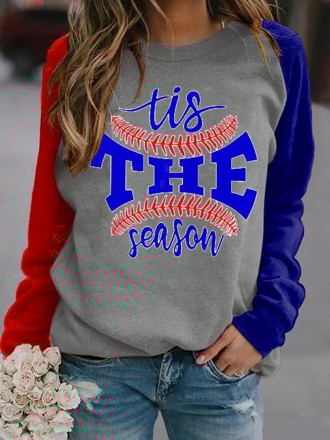 Women's Baseball Print Color Block Crew Neck Sweatshirt