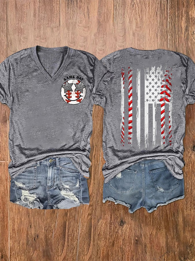 Women's Baseball Gameday America Flag Casual V-Neck Tee