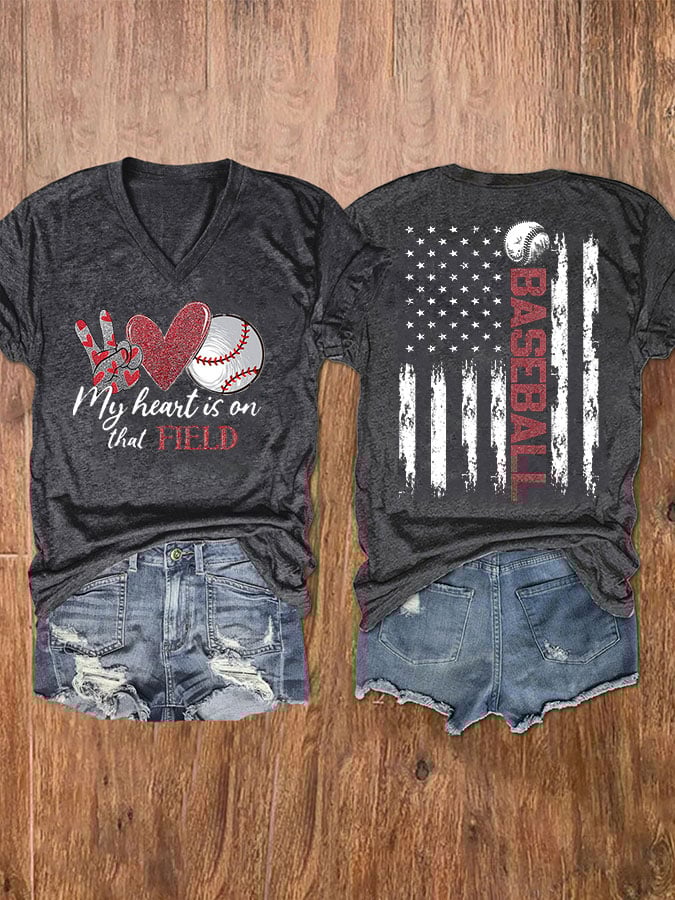 Women's Baseball My Heart Is On That Field Casual V-Neck Tee