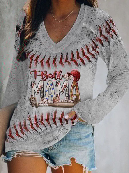Women's T-ball Mama Baseball Print Casual T-Shirt