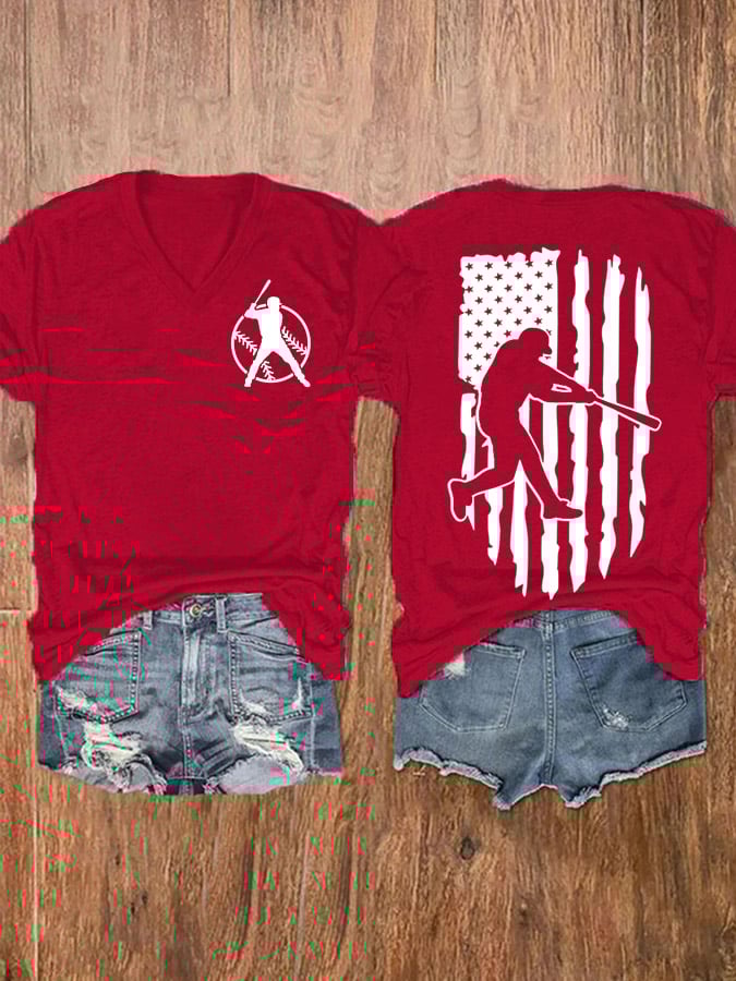 Women's Baseball Flag Print Casual T-Shirt