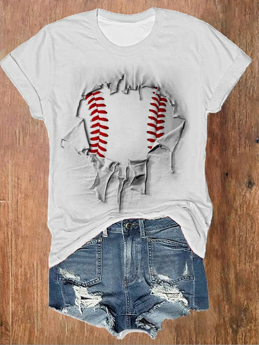 Women's 3D Ripped Baseball Print T-Shirt