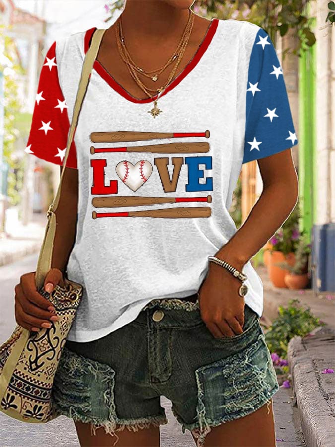 Women's Love Baseball Print V-Neck T-Shirt