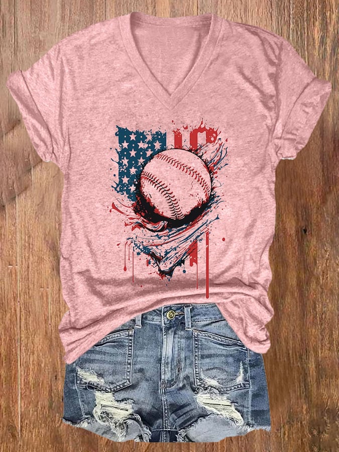 Women's Baseball And American Flag Print Casual T-Shirt