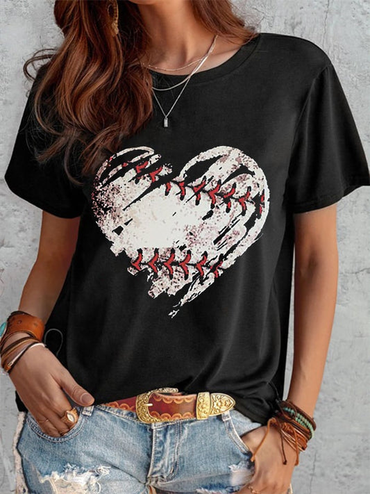 Women's Baseball Heart Print Short Sleeve T-Shirt