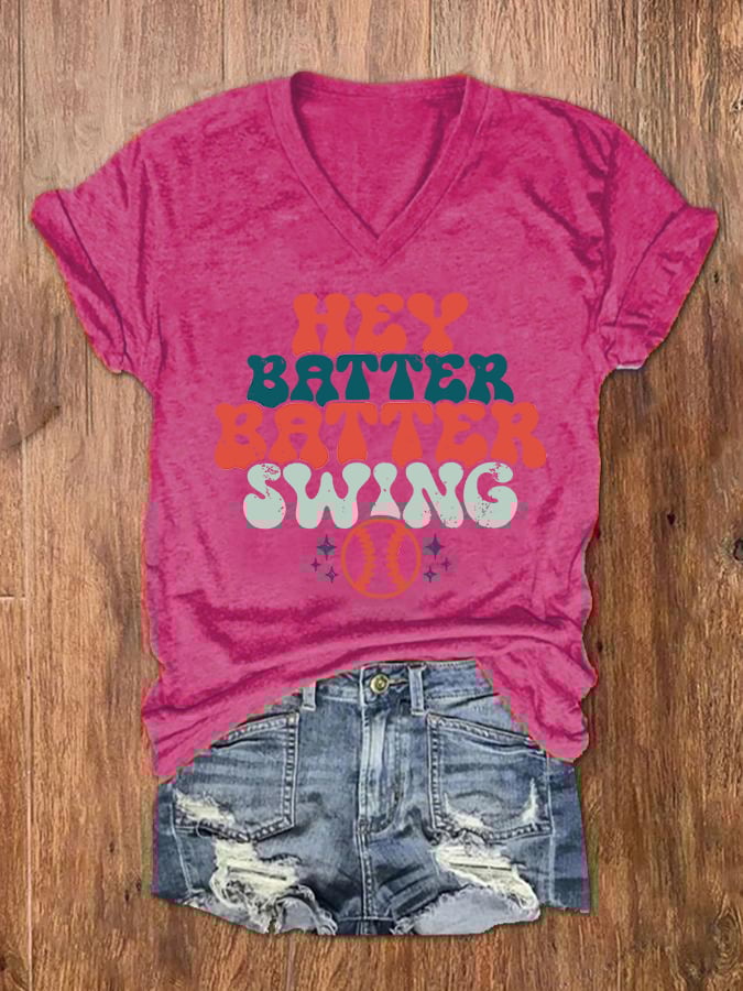 Women's Hey Batter Batter! Baseball Print V-Neck T-Shirt