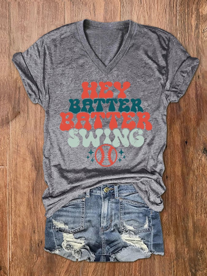 Women's Hey Batter Batter! Baseball Print V-Neck T-Shirt